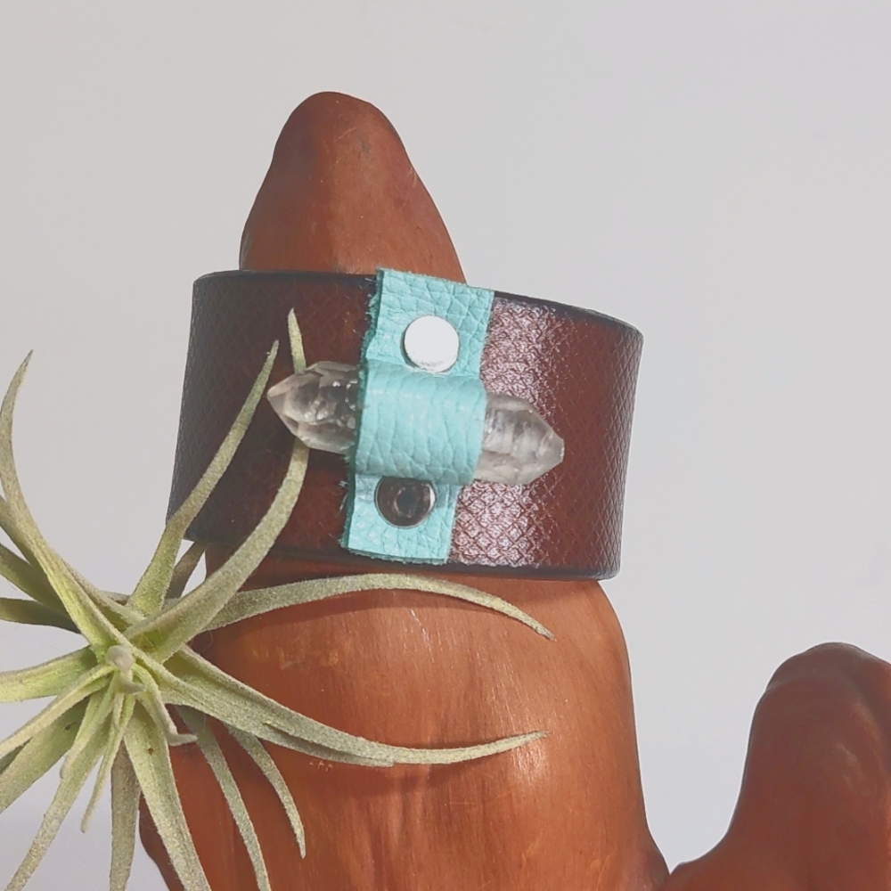 Quartz Crystal Leather Cuff Bracelet made by Rust Belt Raised